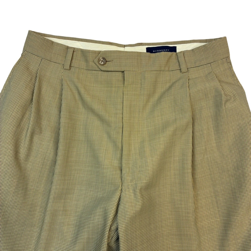 Burberry London Trousers Mens 35R Tan Houndstooth Pleated Cuffed Dress Pants